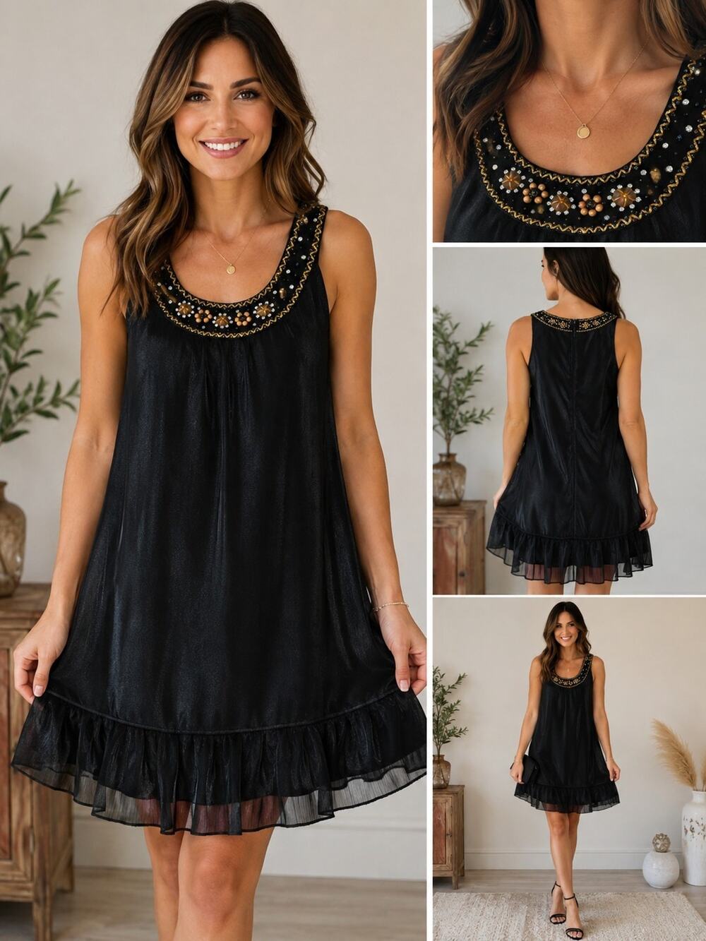 Minuet Women’s Black Embellished Beaded Sleeveless Dress Size M Ruffle Party